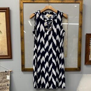 Michael Kors Navy and White Patterned Midi Dress